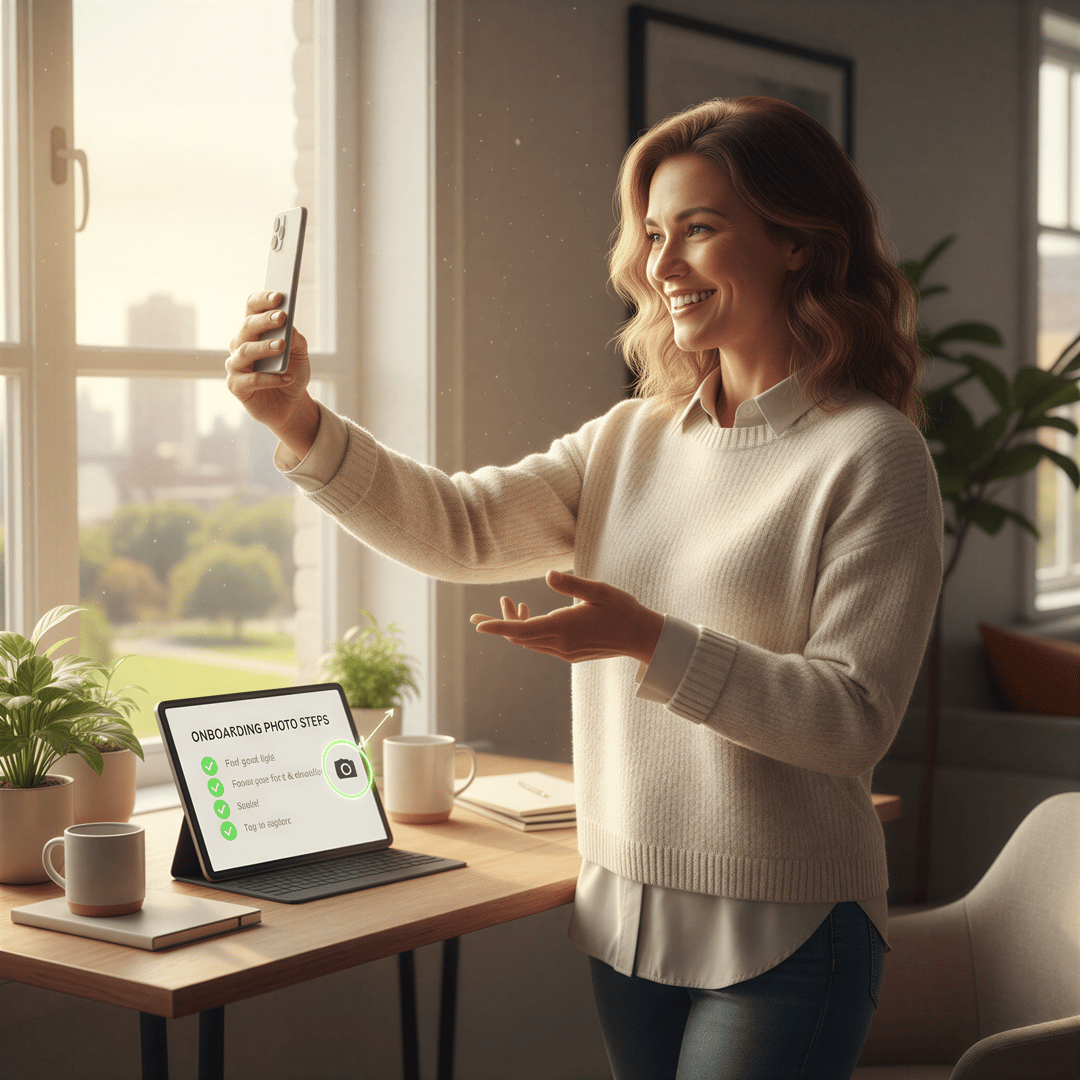 A cheerful new remote employee using their phone indoors to take a quick selfie following specific company guidelines for their professional headshot.
