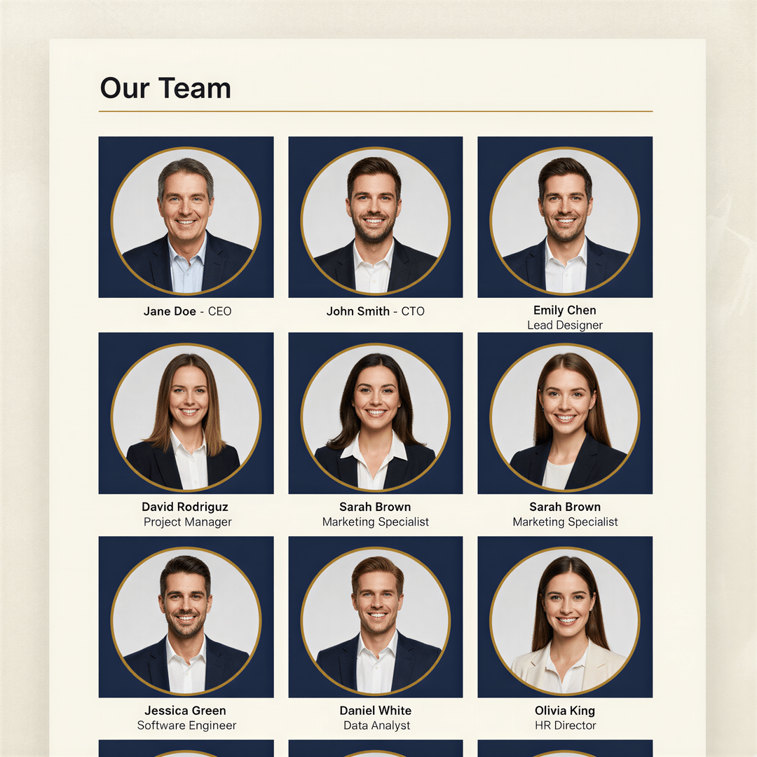 A clean, modern company 'About Us' page layout showcasing perfectly consistent team member headshots in a responsive grid.