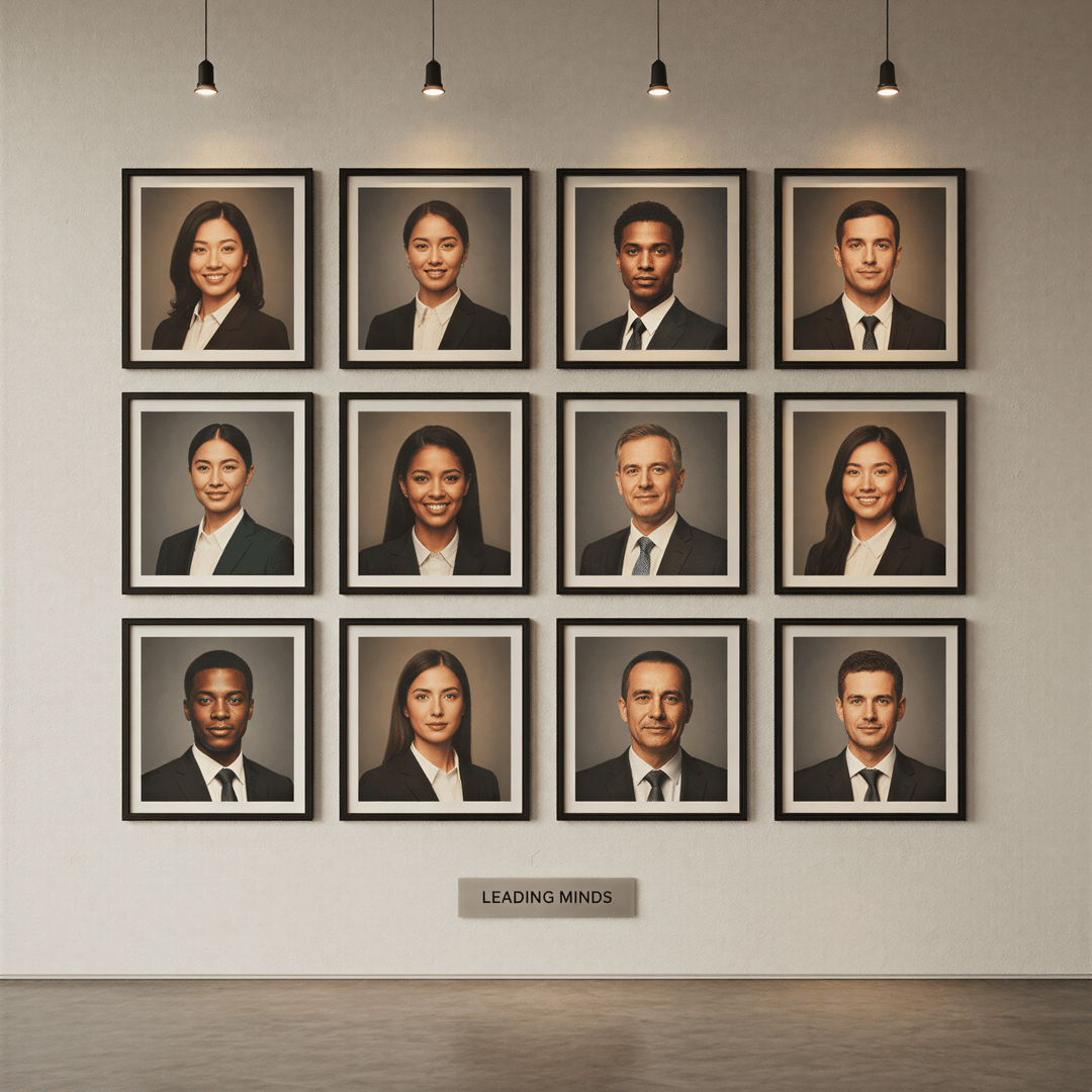 A professional gallery displaying 10-12 perfectly consistent, AI-generated headshots of a diverse team against a single background color.