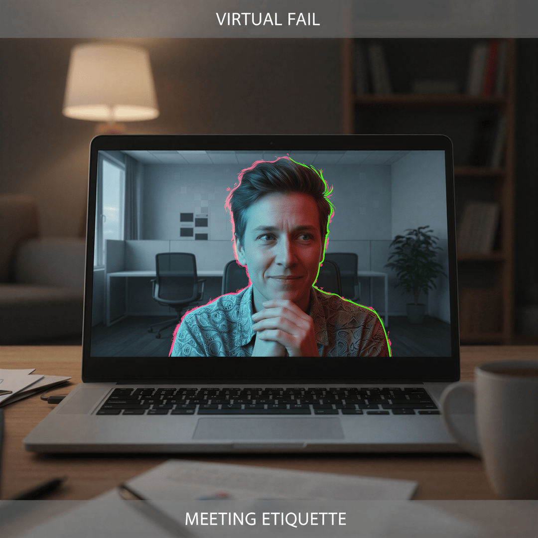 A person on a video call with an obviously fake, poorly rendered virtual background that clashes with their actual lighting and environment.