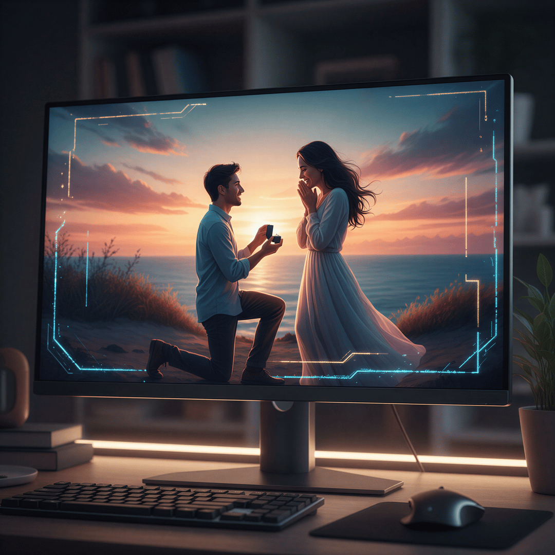 Digital interface showing a detailed, stunning AI-generated engagement portrait rendering in progress, emphasizing the final output.