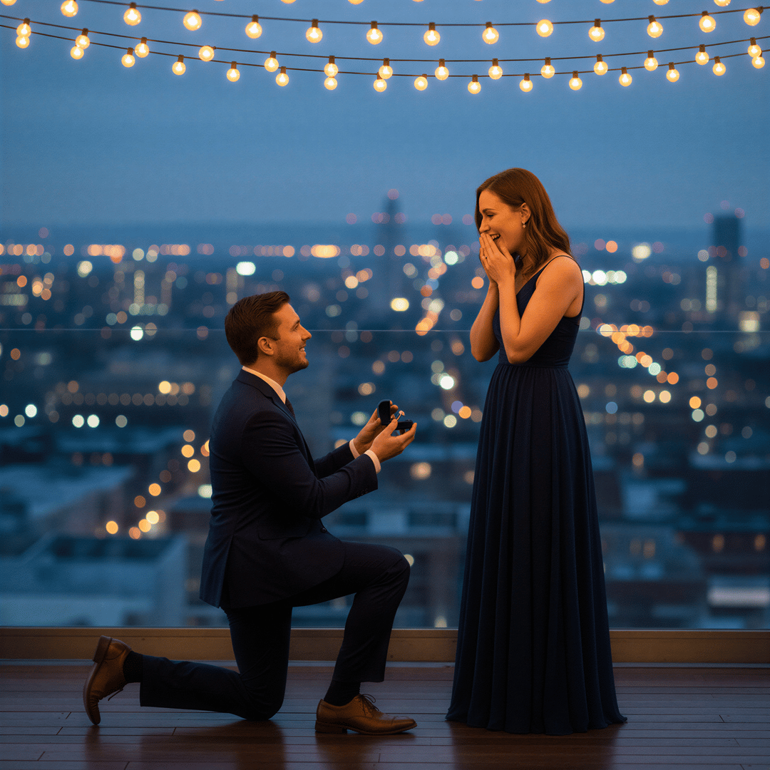 Intimate AI-generated proposal scene on a high city rooftop at night, illuminated by twinkling string lights and distant city glow.