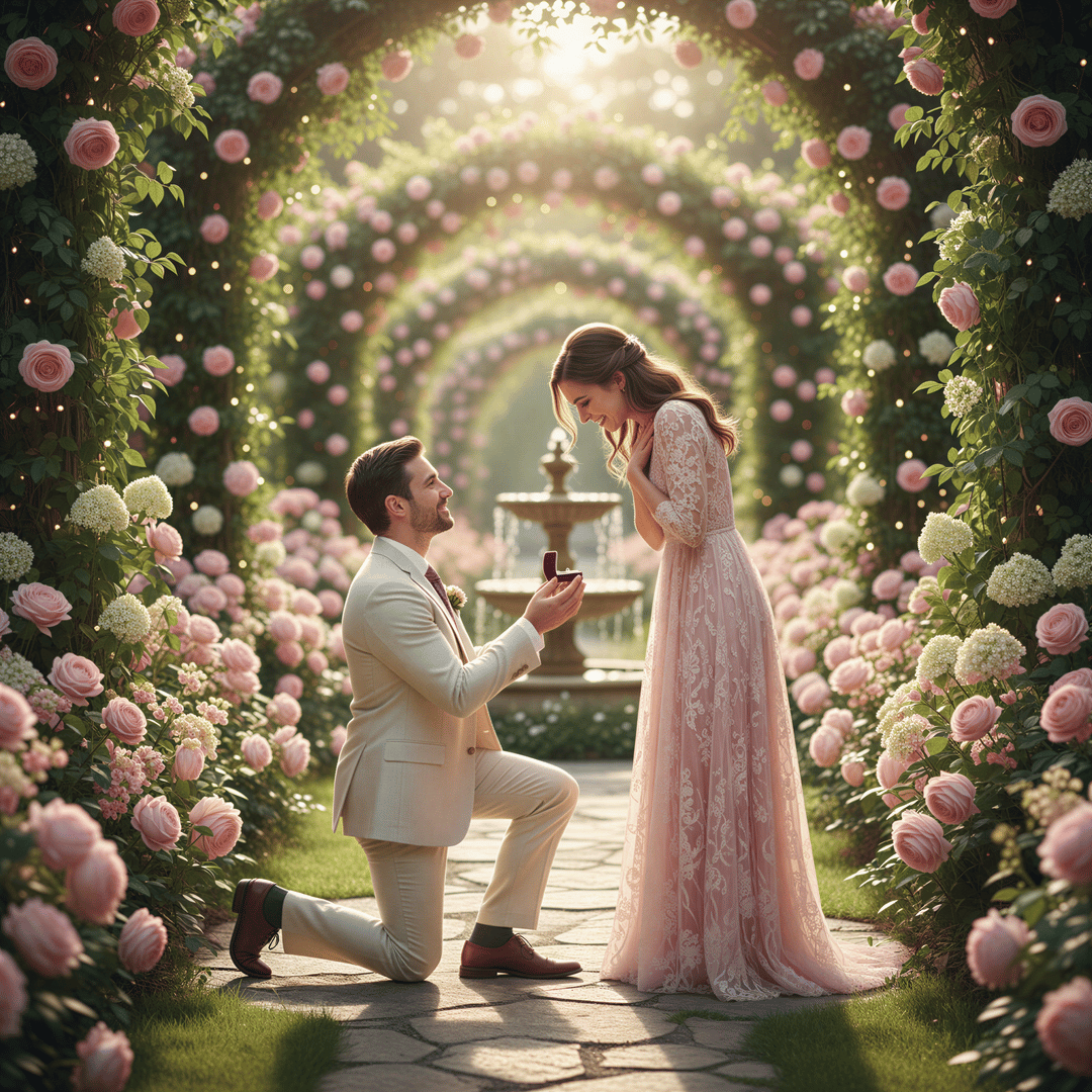 Fairy-tale style AI portrait of an engagement proposal amidst lush, blooming roses with soft, diffused natural light.