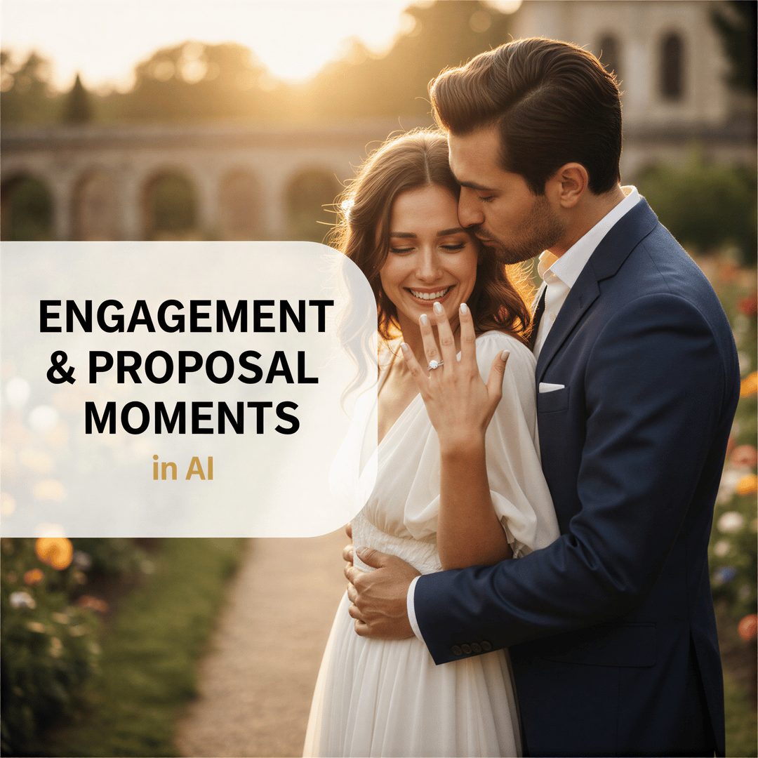Hyper-realistic image of a romantic engagement proposal moment with a couple celebrating, overlayed with the text 'Engagement & Proposal Moments in AI'.