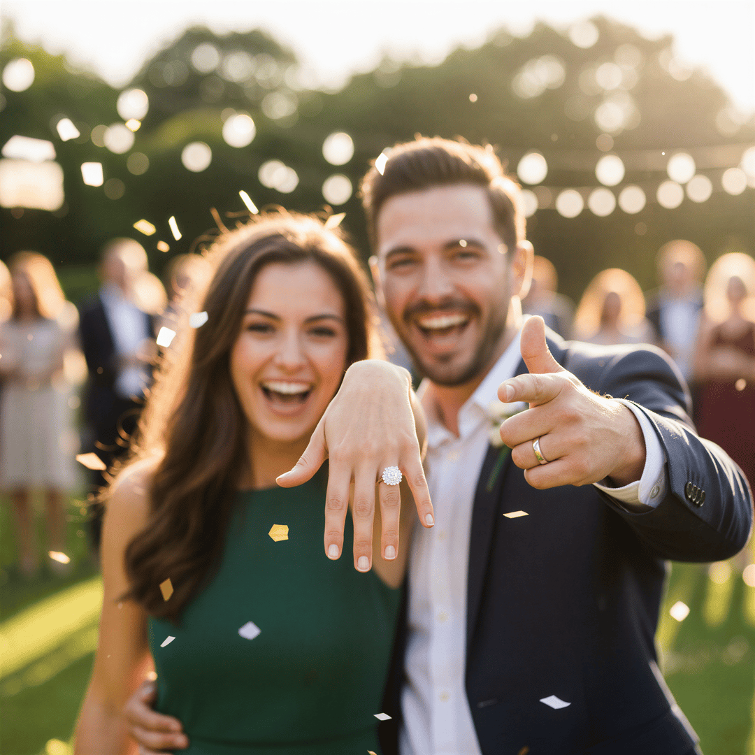 Joyful, energetic portrait of an engaged couple holding up their hands to show off the ring, with celebratory confetti in the air.
