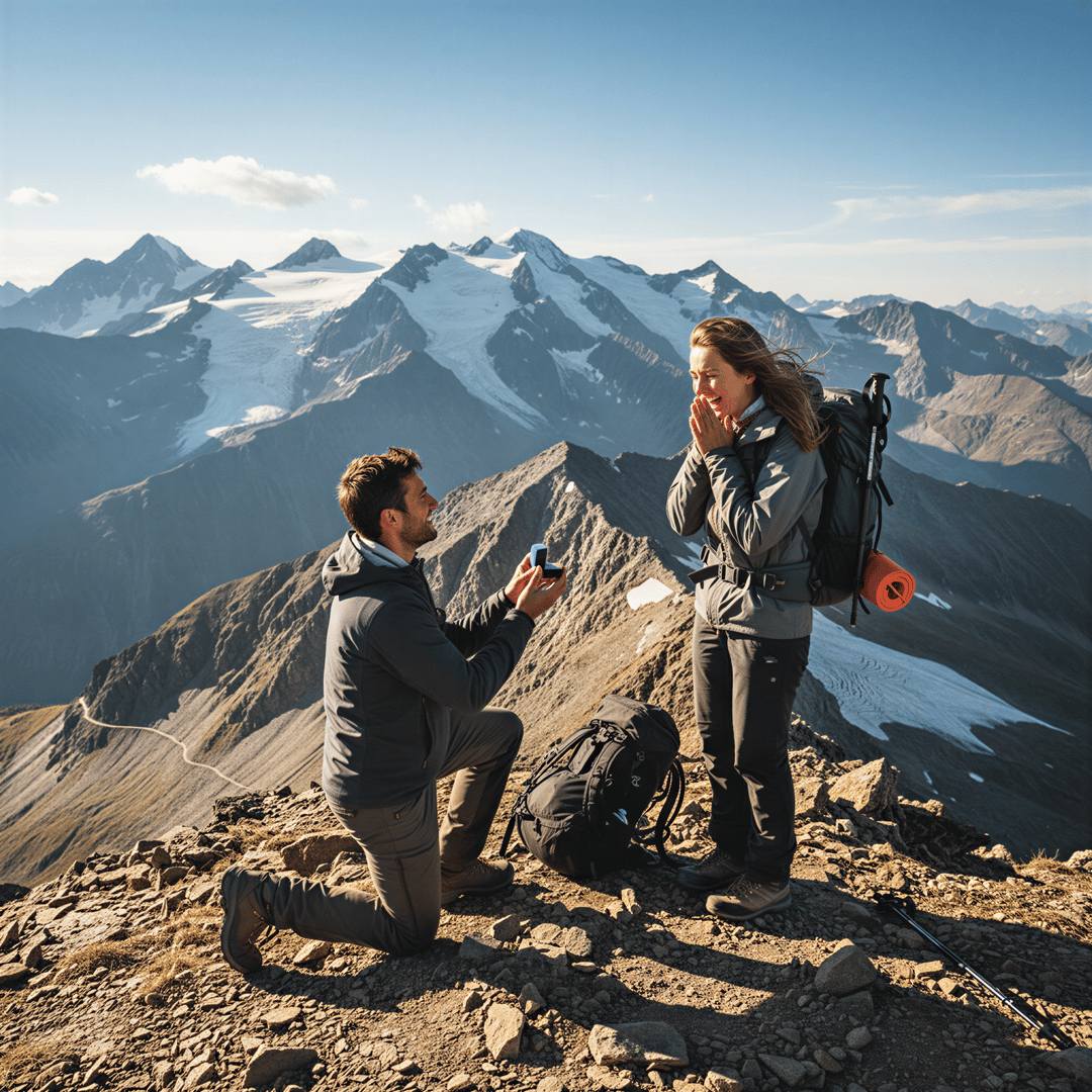 Adventurous AI engagement portrait of a couple in hiking gear at a dramatic mountain summit during proposal.