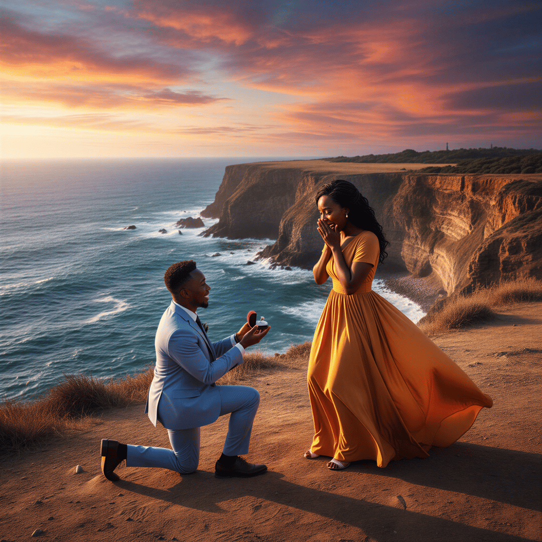 Hyper-realistic AI rendering of a dramatic golden hour proposal on a scenic ocean clifftop, incorporating Kenyan coastal aesthetics.