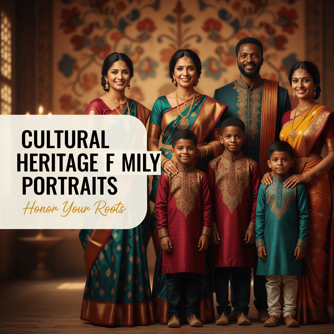 Multi-generational family portrait with cultural elements, could show traditional attire from any culture, showing pride and connection to heritage. Premium, respectful, celebratory.