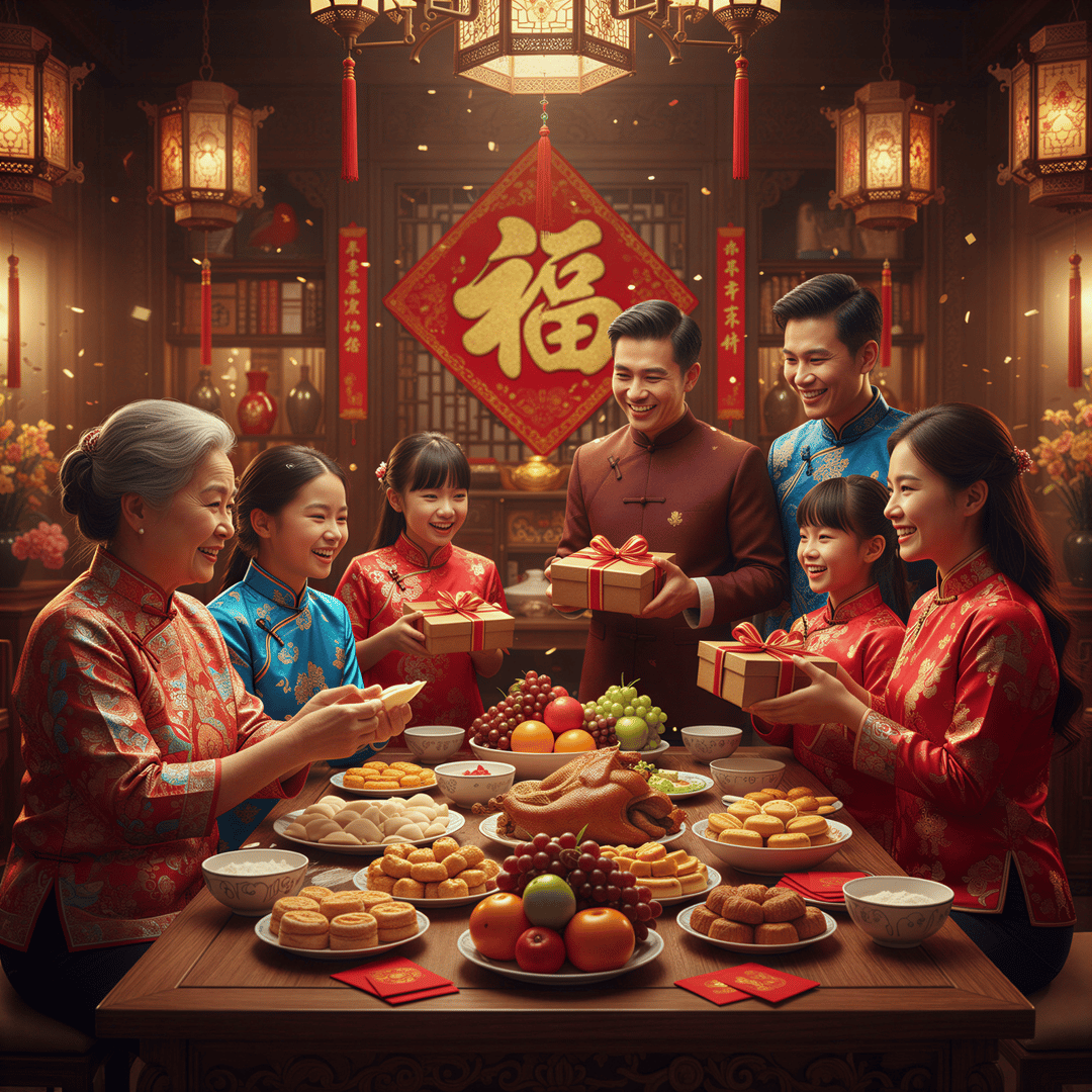 Joyful multi-generational family gathered around a table during a vibrant cultural holiday celebration, genuine festive atmosphere.