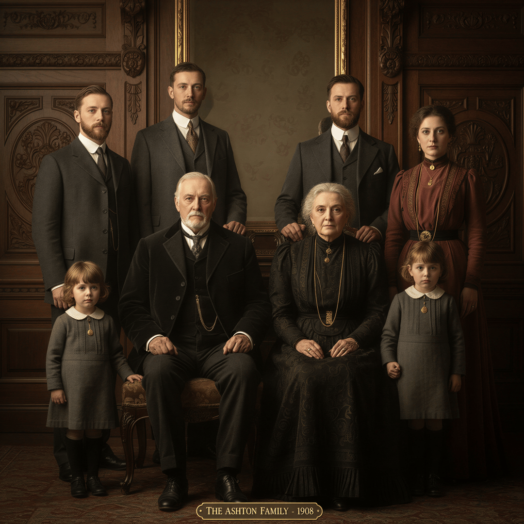 A formal, dignified portrait of ancestors in traditional attire against a subtly textured, historical architectural background.