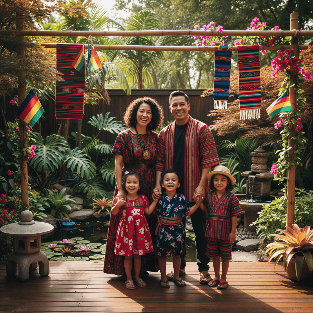 A mixed-heritage family happily posing, subtly incorporating visual elements from two distinct cultural backgrounds into their clothing and setting.