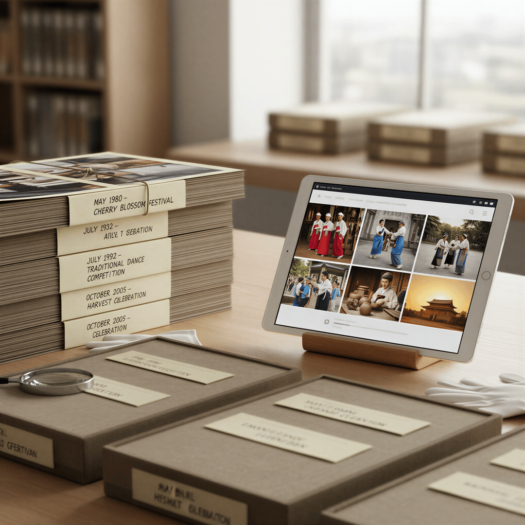 A modern digital photo album or archival box filled with labeled prints documenting family cultural traditions over years.