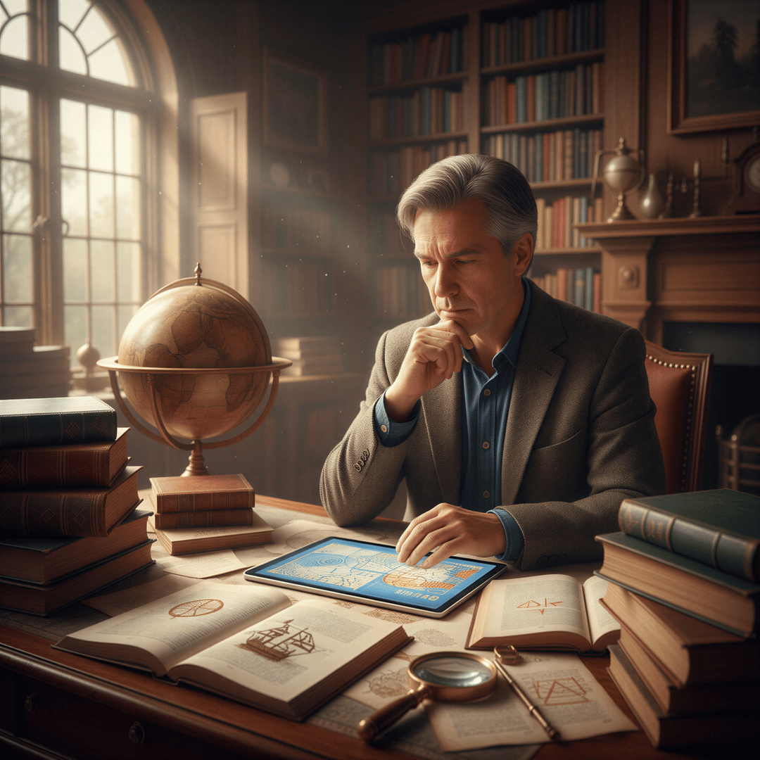 A person using old books and digital resources to research symbols and history related to their family heritage.