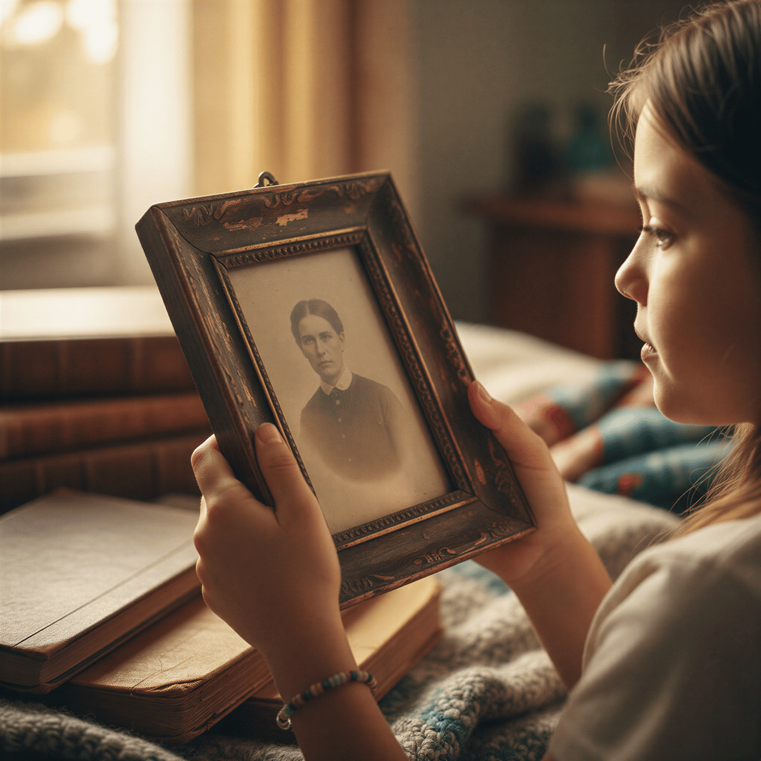 Close-up of a young girl proudly holding an old, framed black-and-white photo of her ancestors, symbolizing visual education.