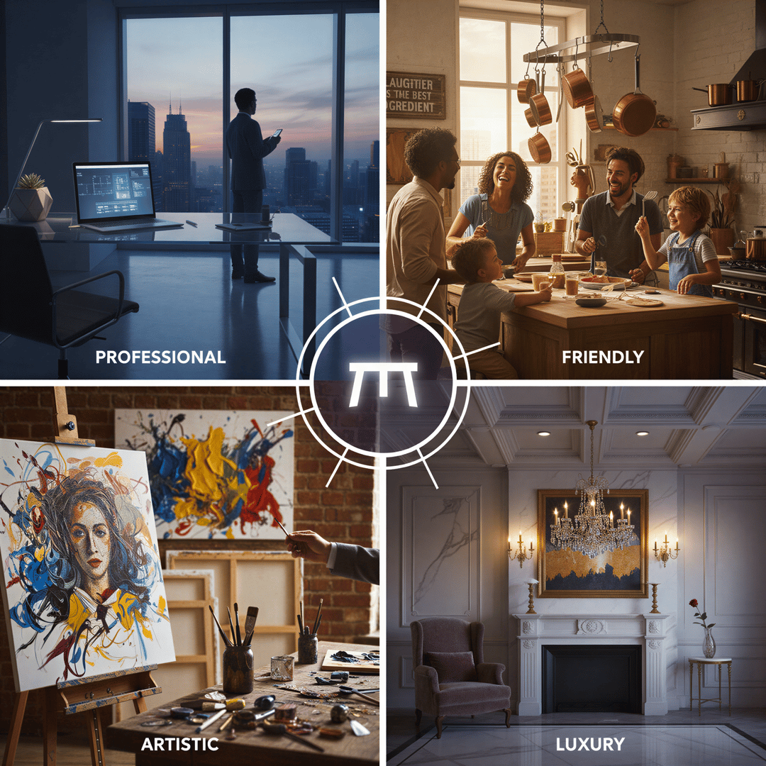 A visual matrix chart showing four different aesthetic moods: Professional, Friendly, Artistic, and Luxury, represented by corresponding imagery.