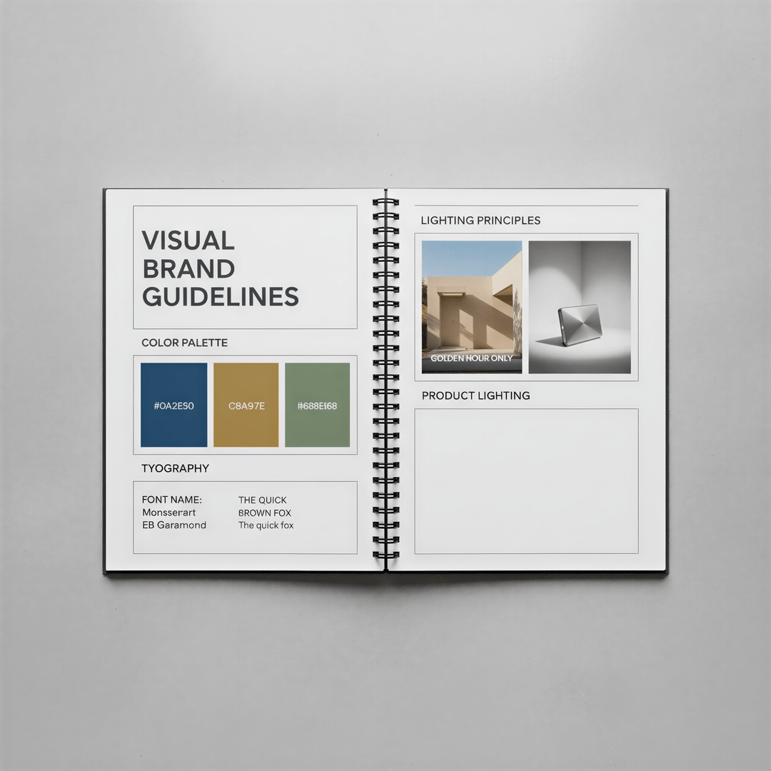 A physical document showcasing brand guidelines with color codes, font names, and lighting rules prominently displayed.