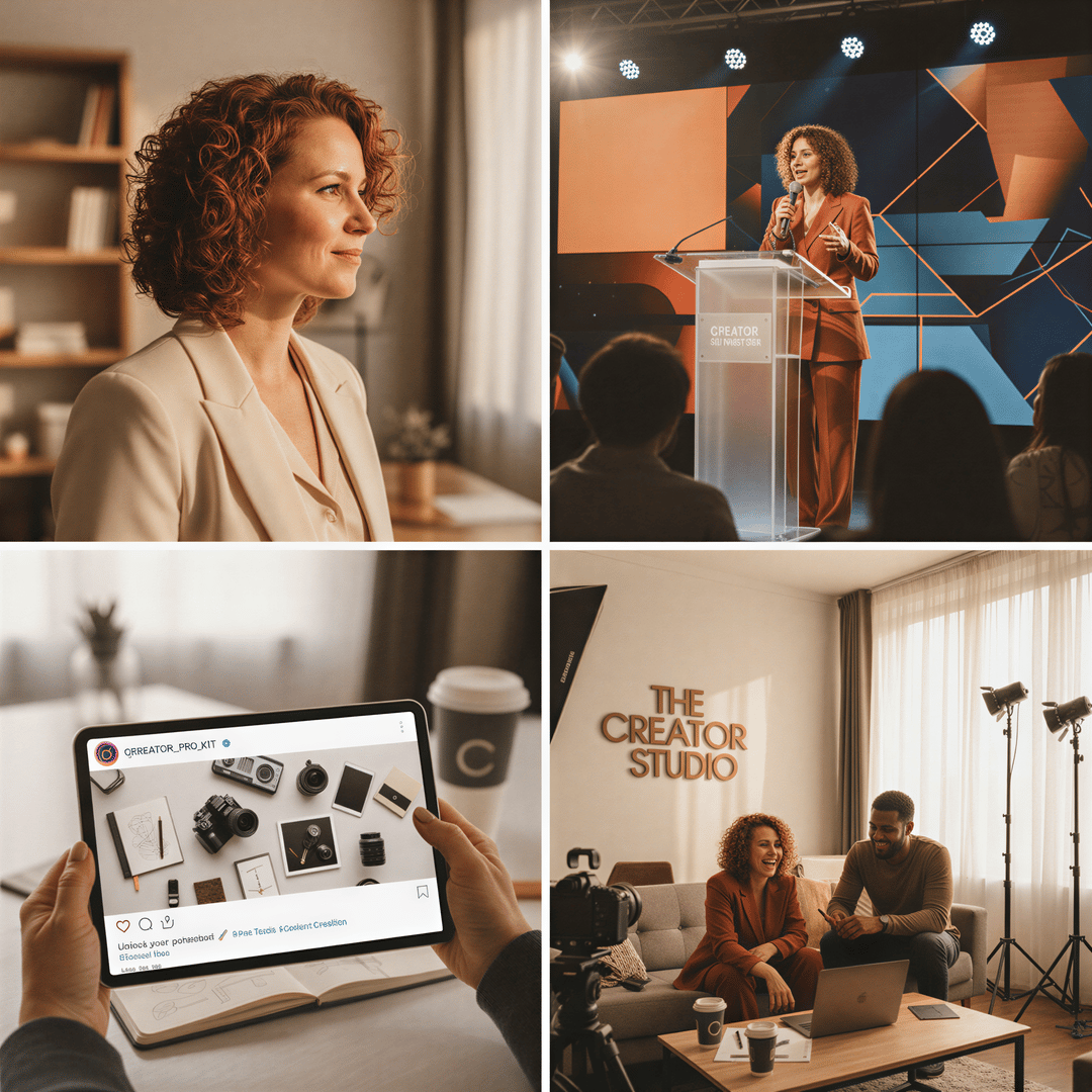 A professional grid display showing four essential creator images: headshot, speaking engagement, social media post, and lifestyle shot, all cohesive.