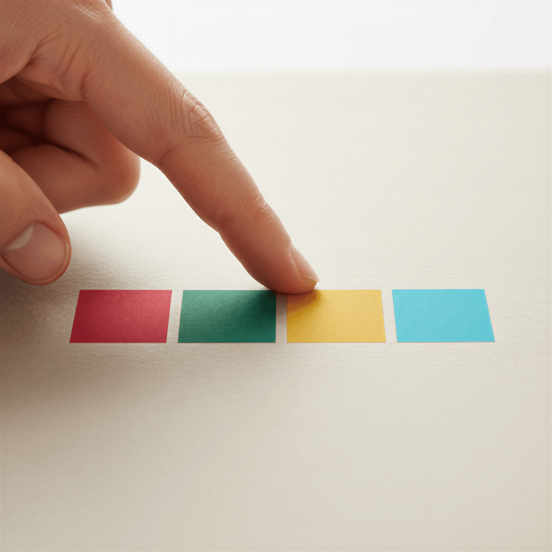 Close-up on a graphic designer's hand pointing to a perfectly curated 4-color palette swatch card on a light wooden table.