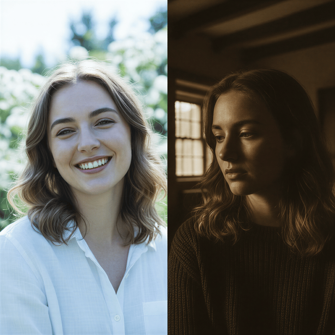 Split screen showing two different lighting styles: bright, airy lighting on the left and dramatic, moody lighting on the right.