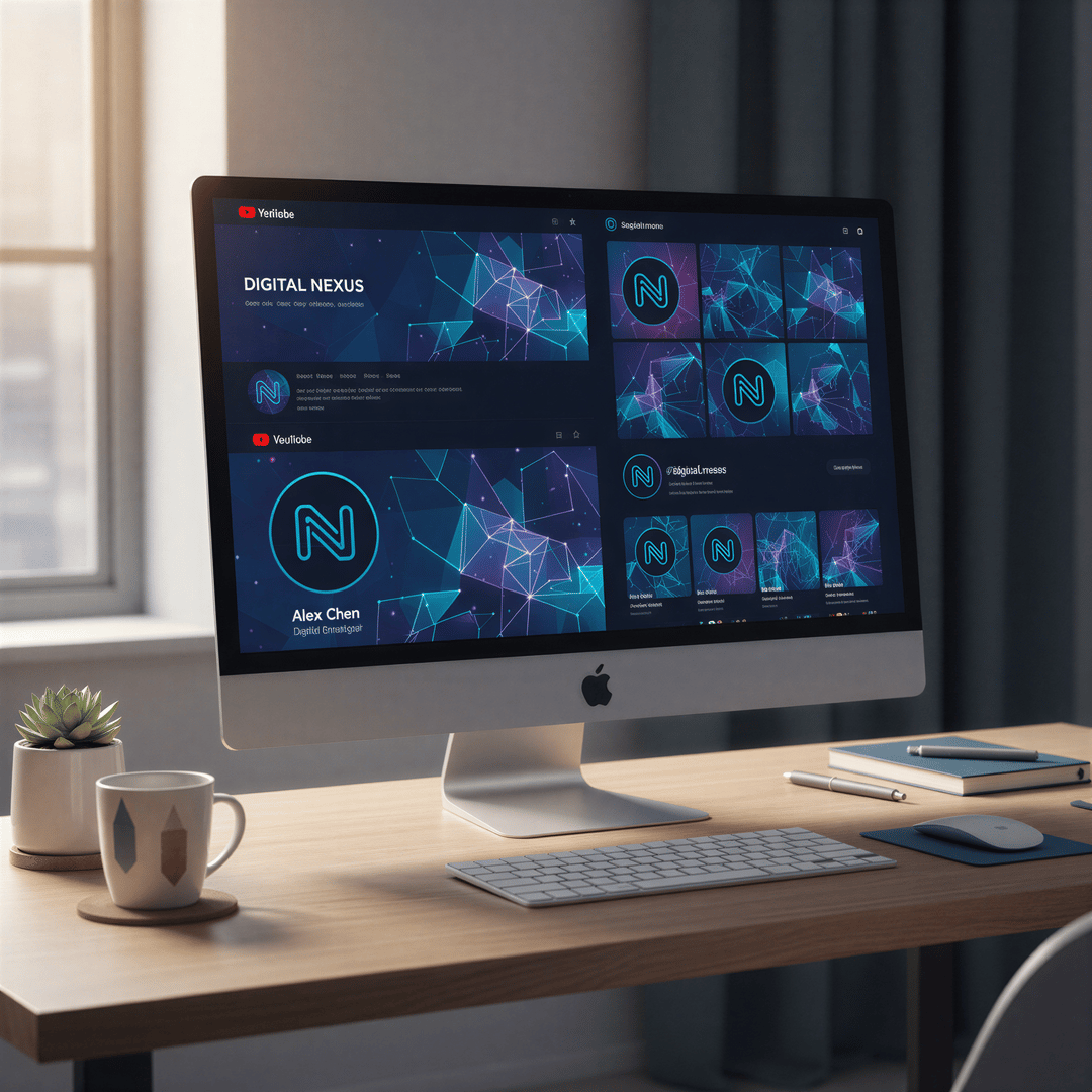 A split image showing a creator's profile appearance across YouTube, Instagram, LinkedIn, and TikTok, highlighting visual continuity.