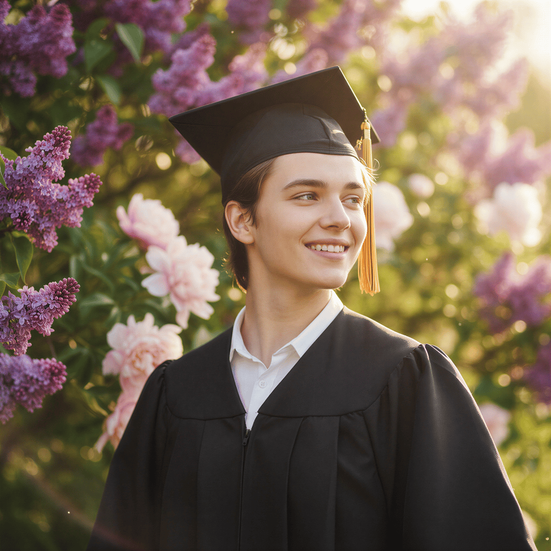 Teenage graduate posing proudly in cap and gown against a backdrop of blooming spring flowers, symbolizing accomplishment.