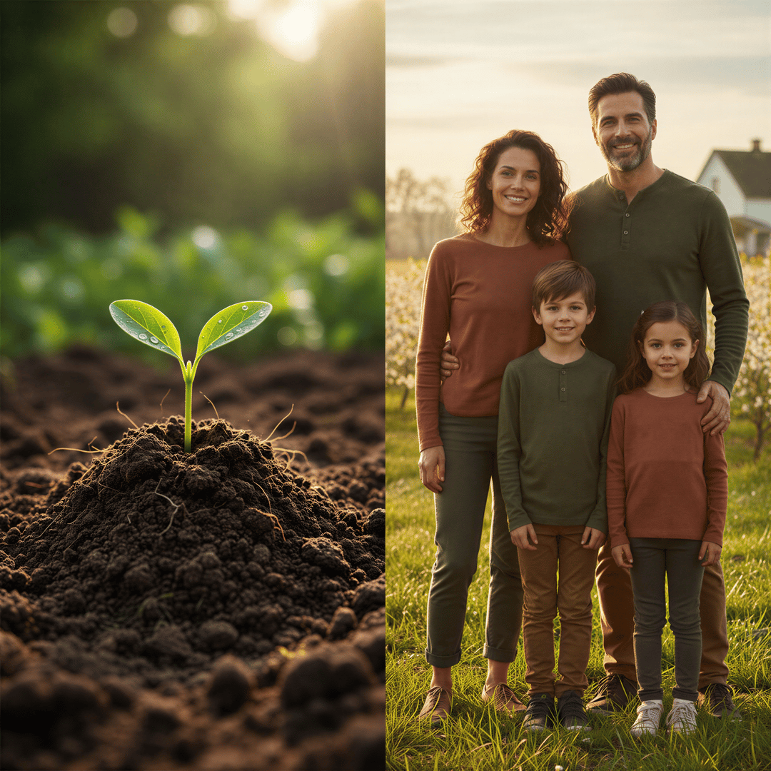 Symbolic image of a small seedling growing next to a family standing slightly taller than the previous year, representing family growth.