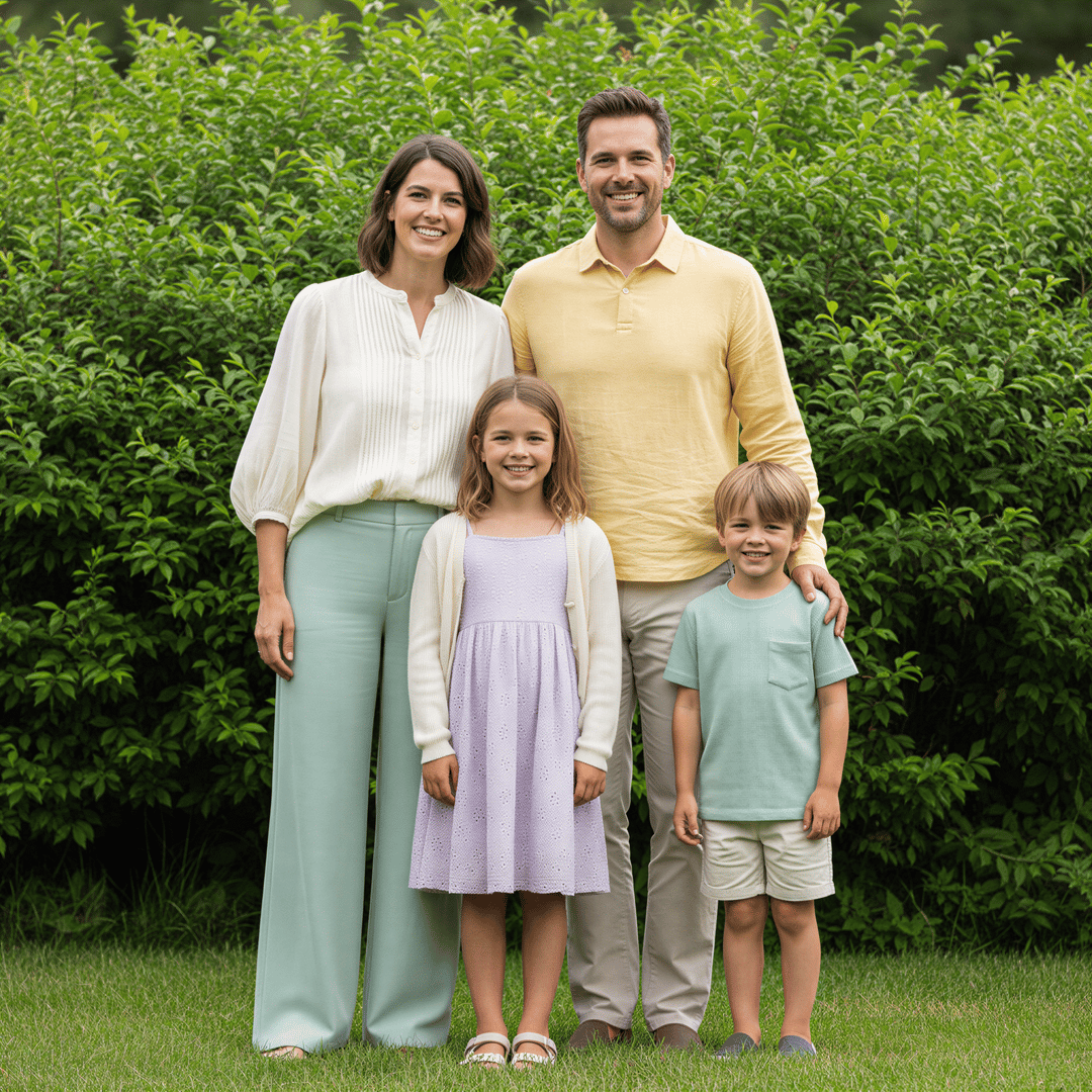 Family standing together showcasing coordinated pastel spring outfits—mint, lavender, butter yellow—against a soft green background.