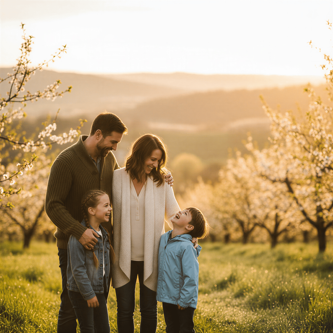 Family enjoying mild weather outdoors during a golden hour light, perfect for photography before summer heat.
