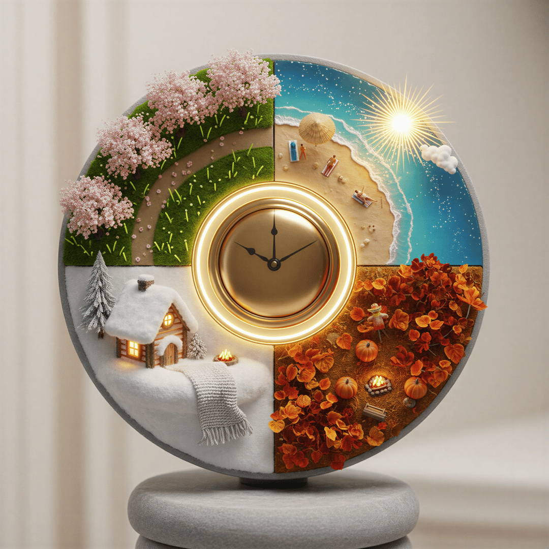 Infographic style visual showing four icons representing the four seasons (Spring flowers, Summer sun, Fall leaves, Winter snow) arranged in a circular timeline.