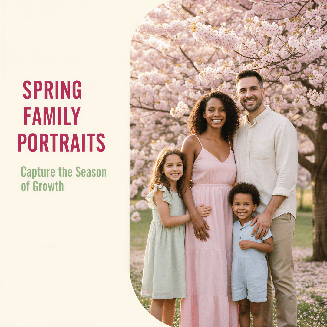 Vibrant banner for Spring Family Portraits featuring a happy family surrounded by soft pink cherry blossoms, title overlay.