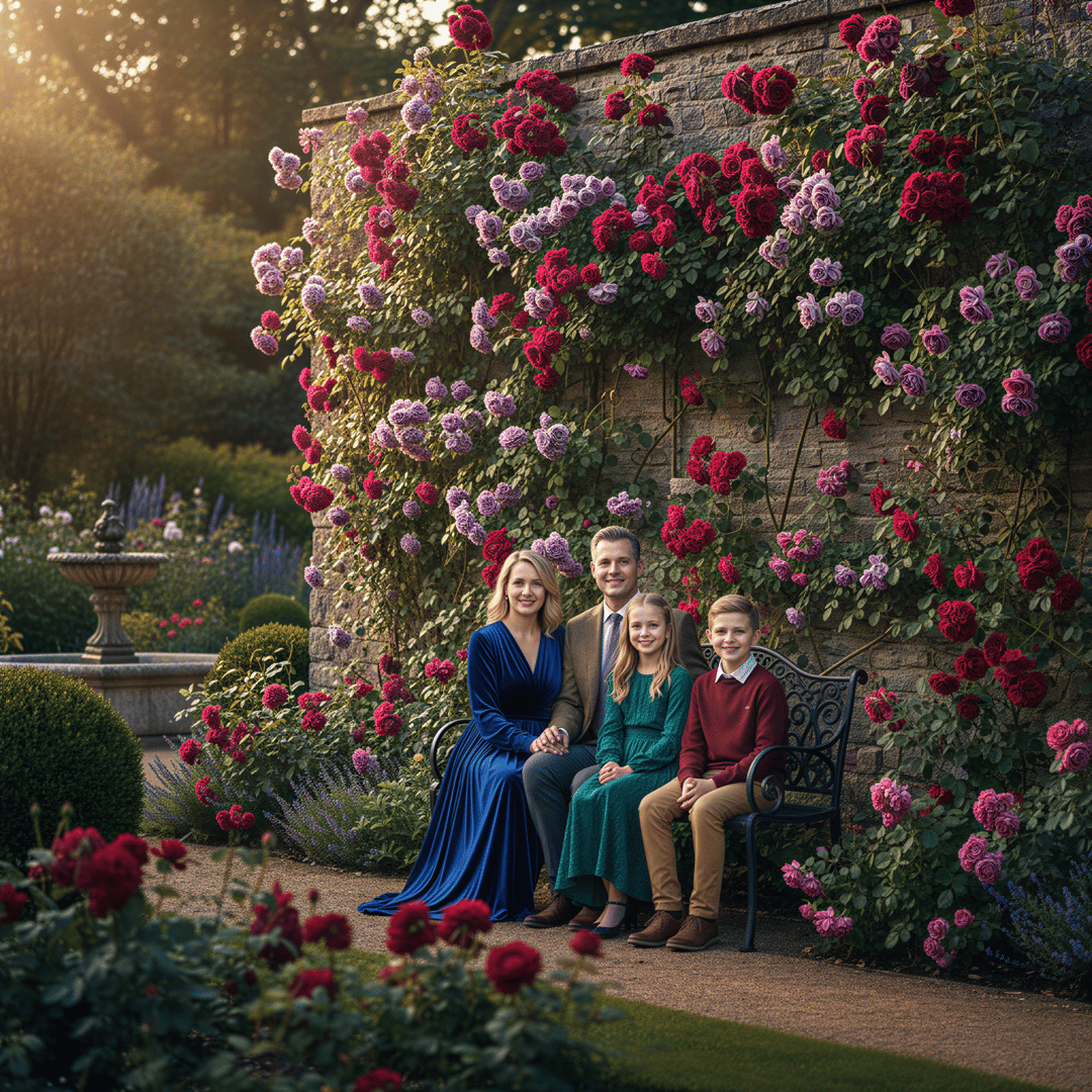 Elegant family portrait captured in a formal, blooming English garden setting with climbing roses and wrought iron details.