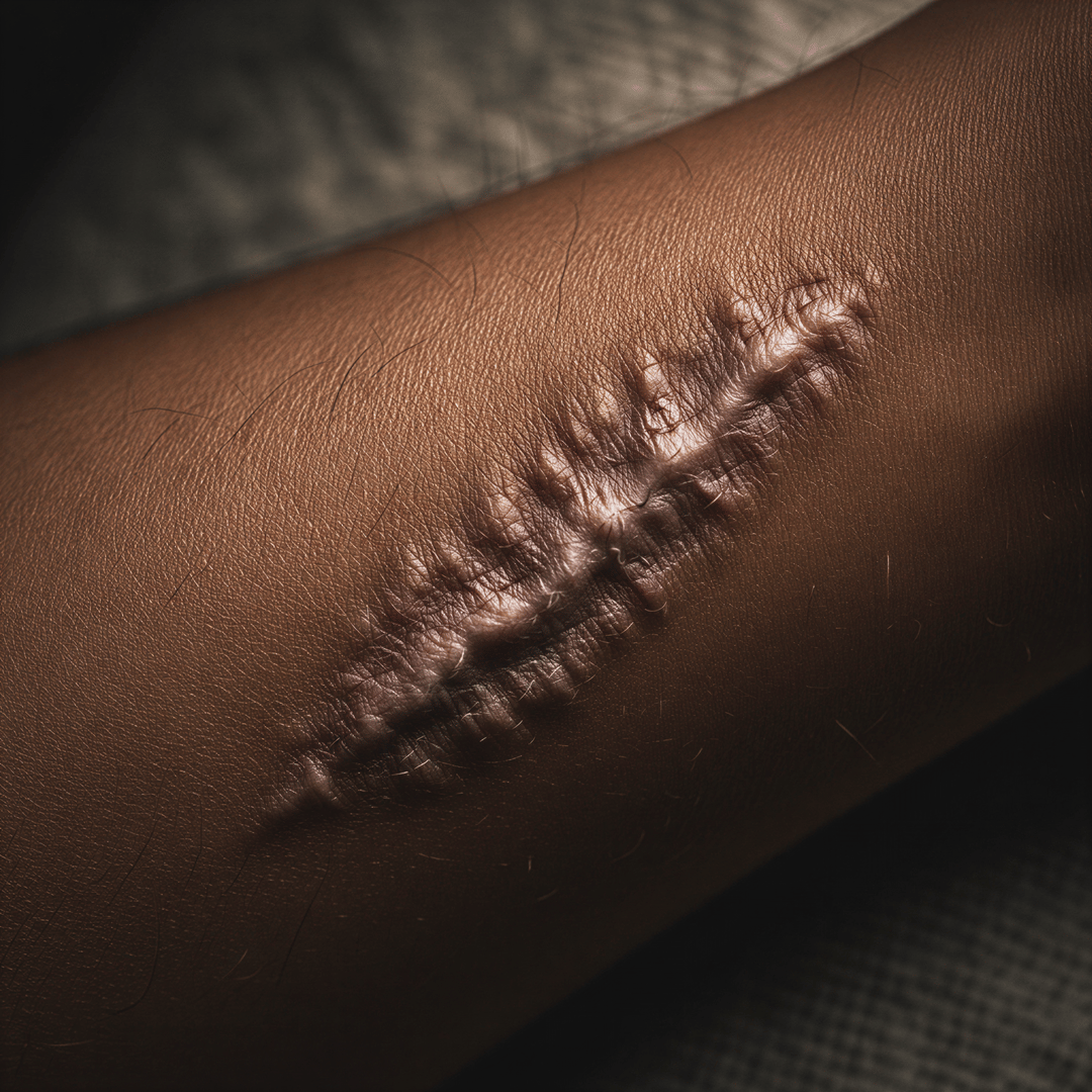 Powerful boudoir portrait where visible surgical or life scars are artistically illuminated, symbolizing strength and survival.