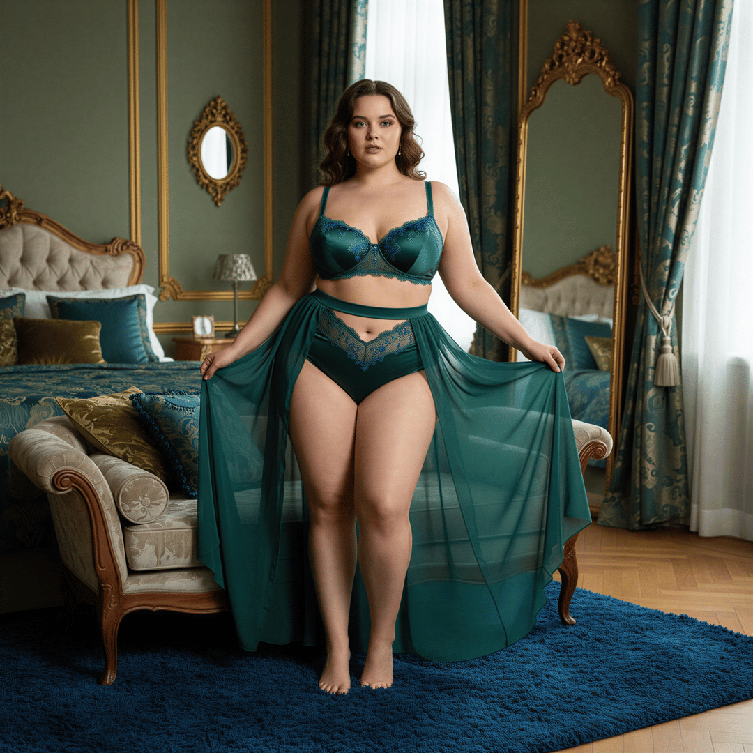 Hyper realistic, photo-realistic style with sharp focus and detailed lighting. A stunning, confident plus-size woman posing gracefully in an elegant, softly lit luxury bedroom setting. She is wearing beautiful, tasteful intimates. The composition celebrates her curves assertively and elegantly. Rich jewel tones (emerald, sapphire) dominate the palette. Representation of 'Plus Size Bodies' celebration.