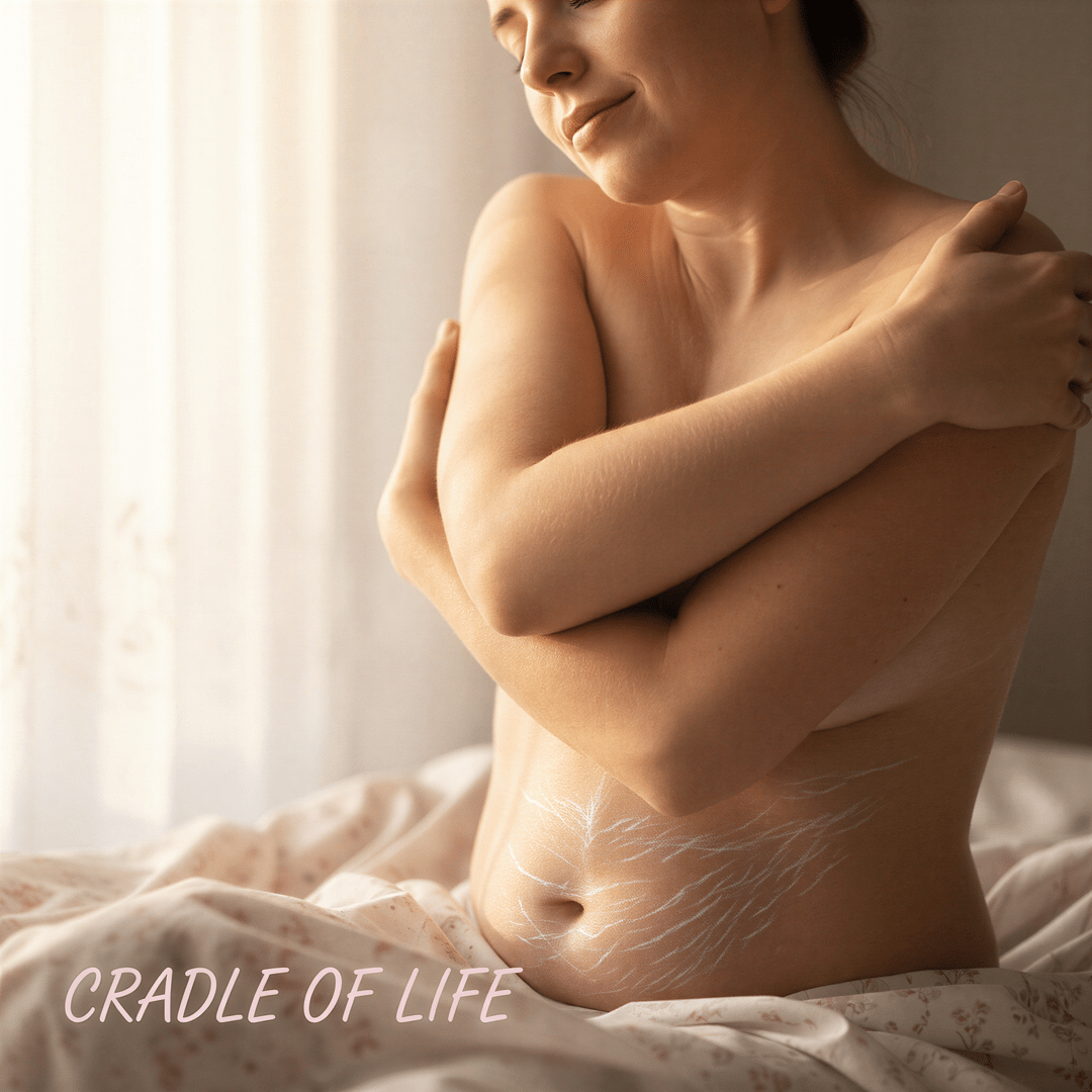 Soft, nurturing portrait celebrating postpartum body softness, stretch marks visible and beautifully illuminated as marks of creation.