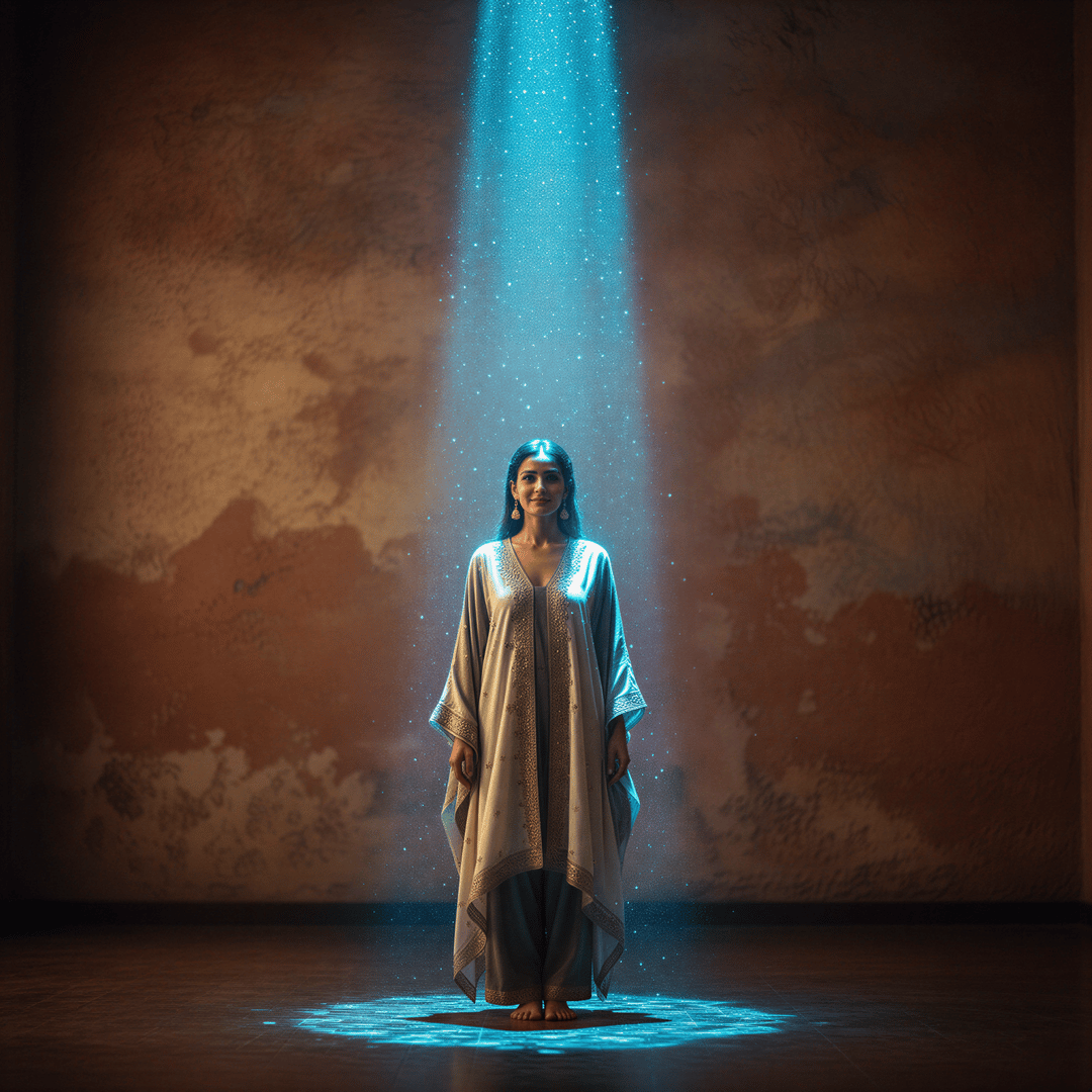 A woman comfortably posing in a private, artistic setting, illuminated by a soft digital glow, symbolizing privacy and control.