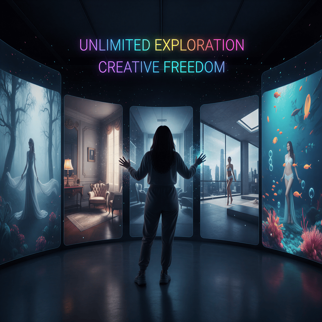 A person looking at multiple holographic projections of different artistic boudoir styles and settings around them.