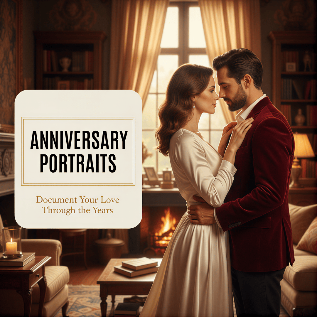 Hyper realistic, photo-realistic style, sharp focus, detailed lighting. A sophisticated and deeply romantic portrait of a couple in their late 30s embracing gently in a warmly lit, upscale living room setting. The mood is intimate and timeless, using a warm, rich color palette (deep reds, golds, cream). Text overlay prominently displayed: 'Anniversary Portraits: Document Your Love Through the Years'. Professional editorial quality, high visual impact.