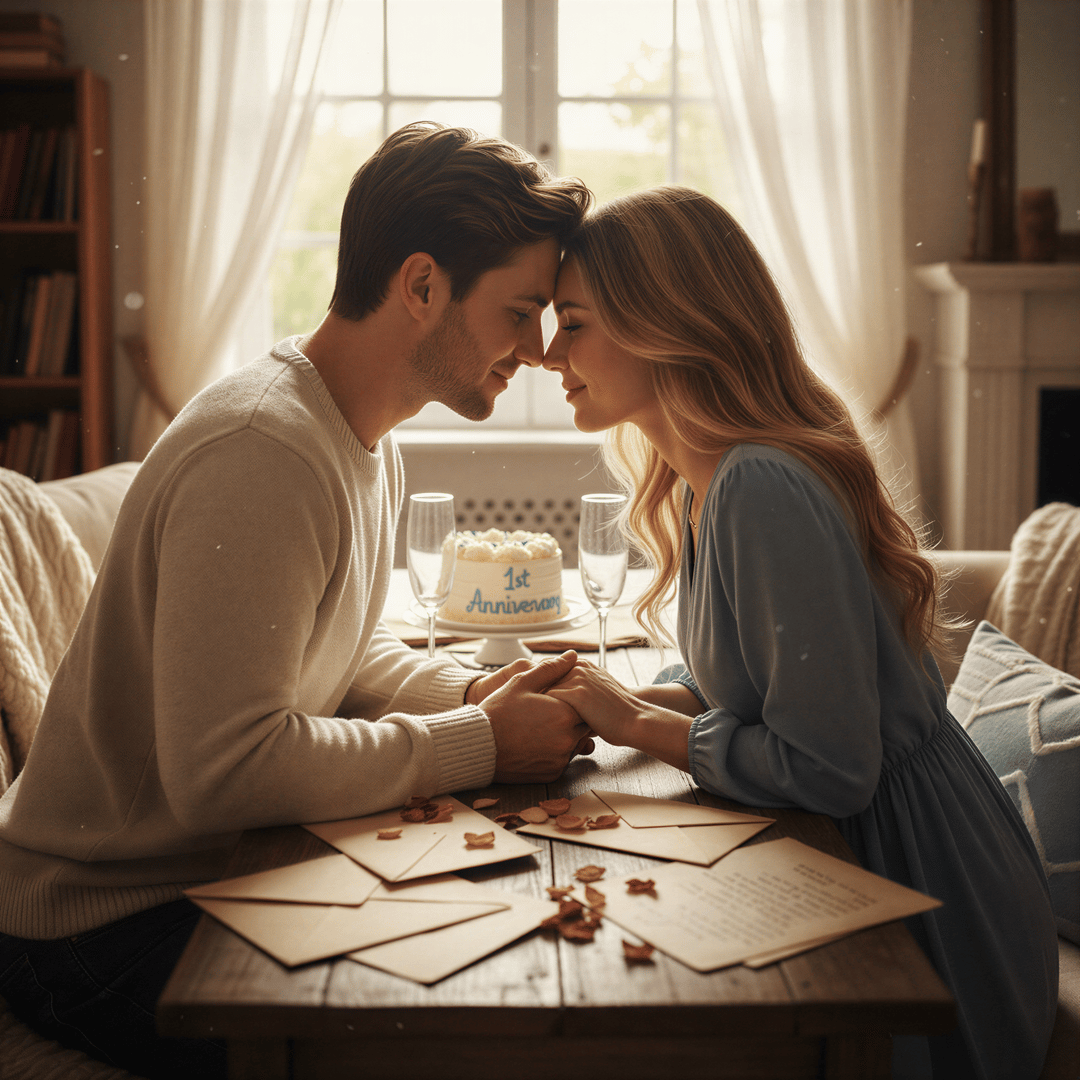 Hyper realistic, photo-realistic style, sharp focus, detailed lighting. A romantic couple portrait celebrating their first anniversary, intimate setting with soft warm lighting filtering through a window. Several handwritten love letters are artfully scattered on a wooden table near them. Tender and hopeful energy. Warm cream and soft blue palette.