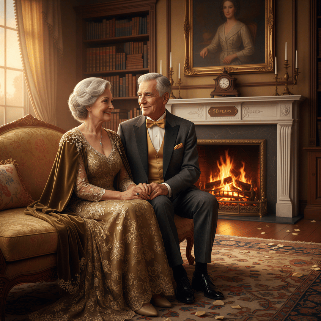 Hyper realistic, photo-realistic style, sharp focus, detailed lighting. A timeless couple portrait celebrating 50 years, dressed in rich, elegant formal wear. The entire scene is bathed in soft, luxurious golden tones, reminiscent of a classic, high-end oil painting aesthetic but photorealistic. Focus on serenity and a lifetime of shared commitment.