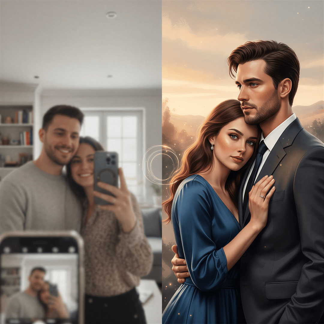 Hyper realistic, photo-realistic style, sharp focus, detailed lighting. A split composition image: on the left, a slightly blurry, casual smartphone selfie of a contemporary couple; on the right, a stunning, highly detailed, AI-generated romantic portrait of the same couple, symbolizing the transformation. Clean, modern aesthetic.