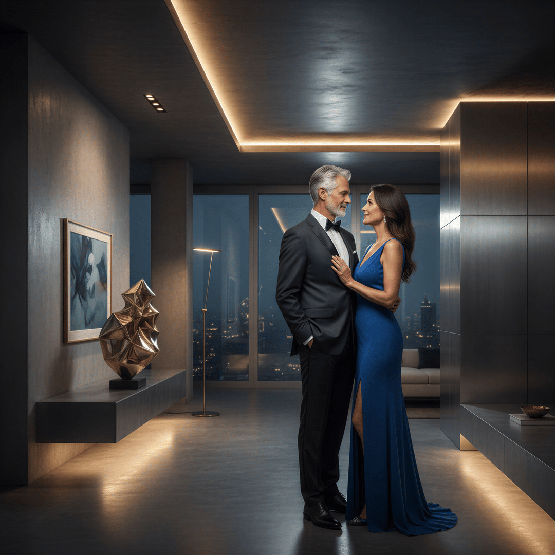 Hyper realistic, photo-realistic style, sharp focus, detailed lighting. An elegant couple portrait in a modern, minimalist interior featuring sleek surfaces and subtle, brushed metallic (tin/aluminum) decor accents. They are dressed in sophisticated cocktail attire, radiating confident, mature love. Evening atmosphere with dramatic accent lighting.
