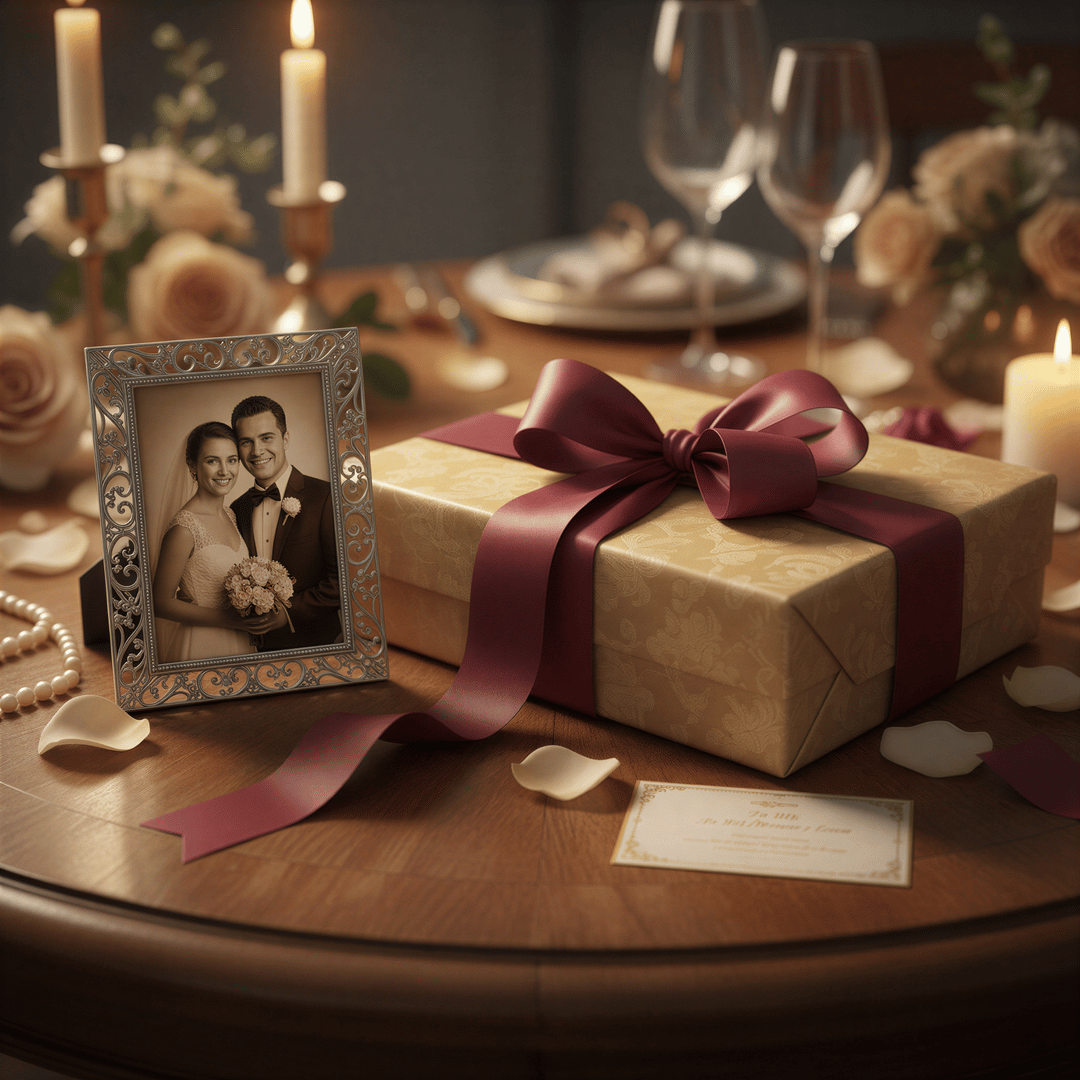 A beautifully wrapped gift box sits next to a framed, elegant, private couple portrait, suggesting an anniversary present.