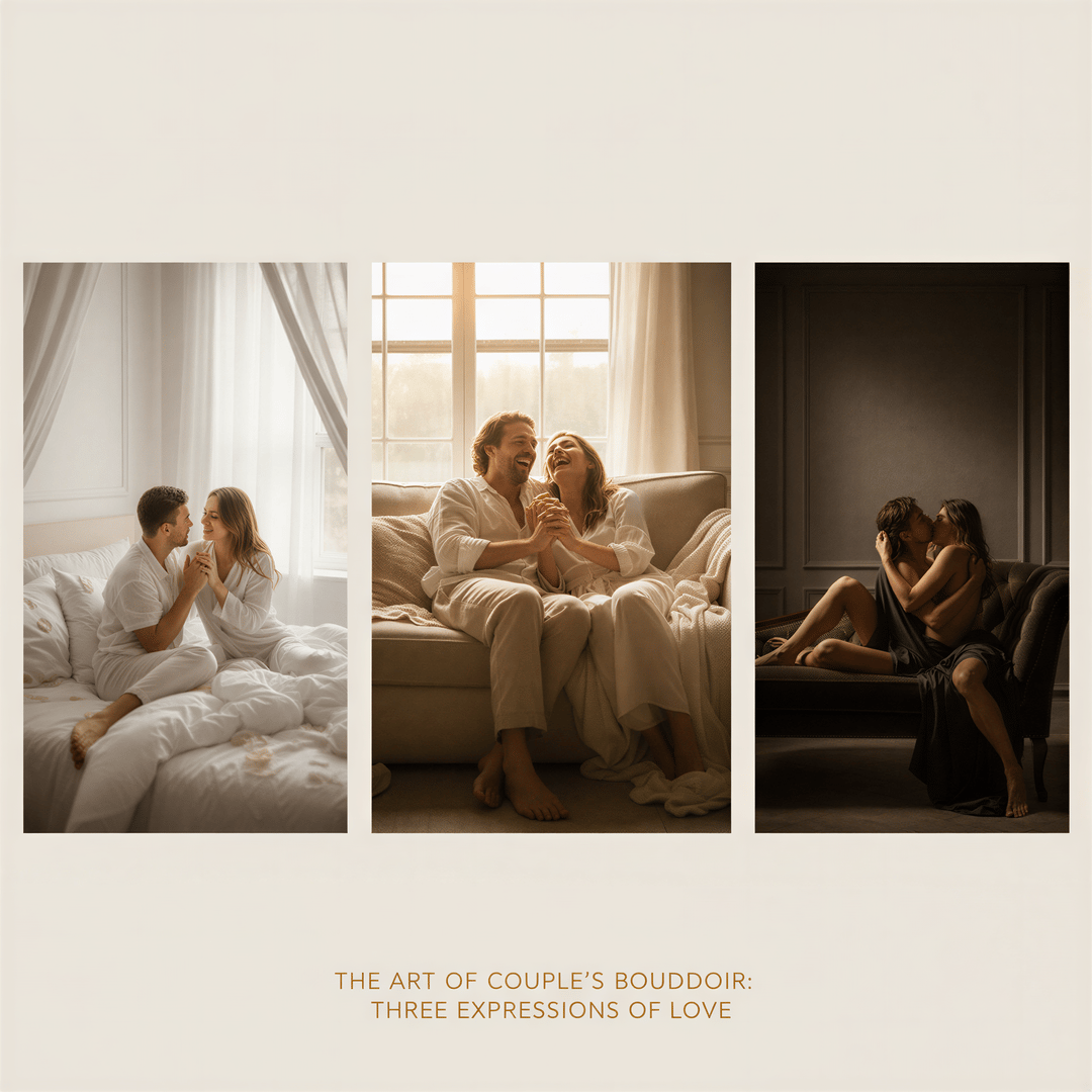 Artistic collage showcasing three tasteful couple boudoir styles: soft romance, playful fun, and dramatic elegance.
