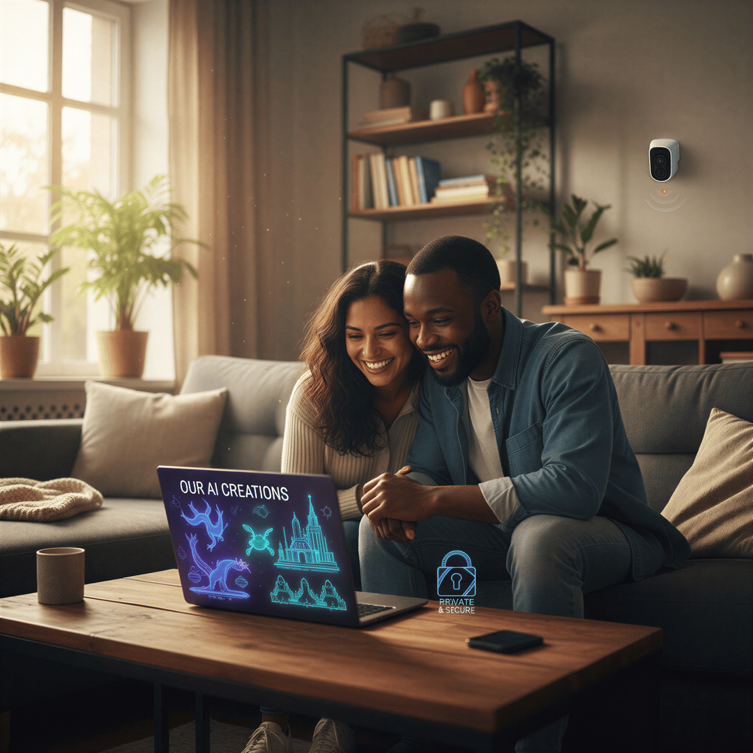 A couple looking relaxed and happy, together looking at a laptop screen in a private, well-lit modern living room.