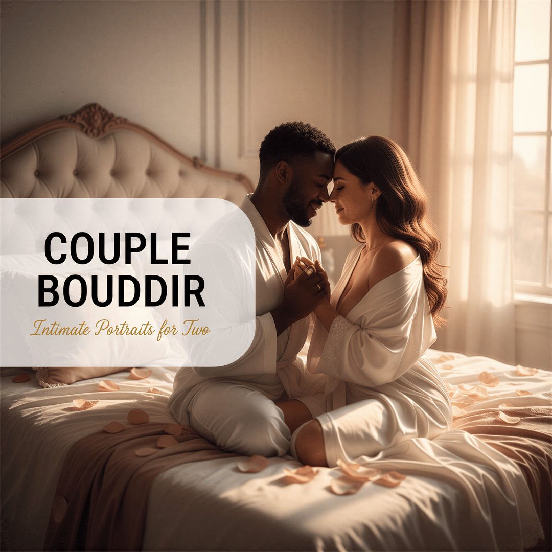 Hyper-realistic, intimate portrait of a diverse couple embracing, symbolizing private couple boudoir photography. Text overlay: Couple Boudoir: Intimate Portraits for Two.