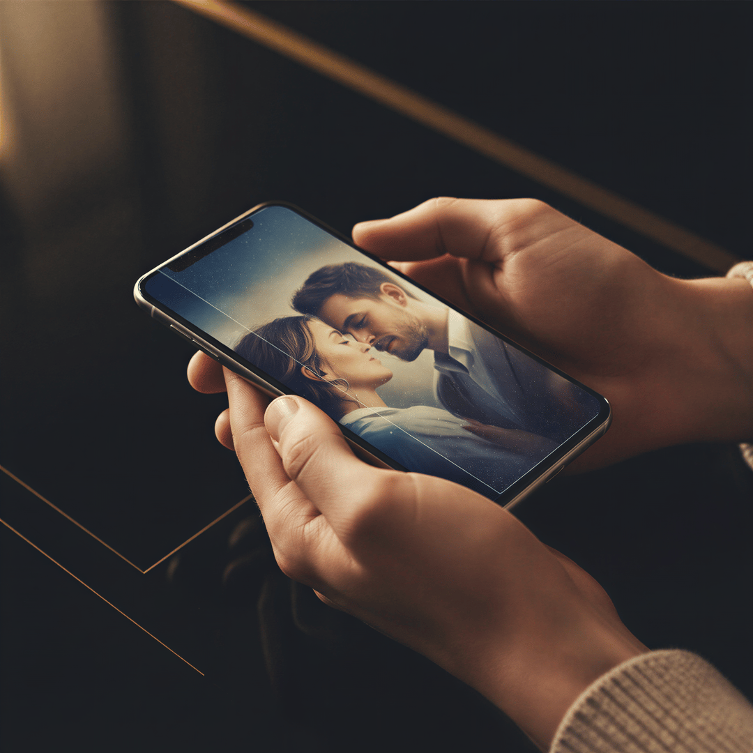 A close-up of two hands holding a smartphone displaying a blurred, artistic couple photo, symbolizing private AI creation.