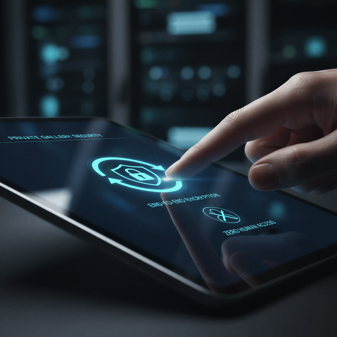A hand using a secure digital interface displaying icons for encryption and private access, symbolizing the private gallery.