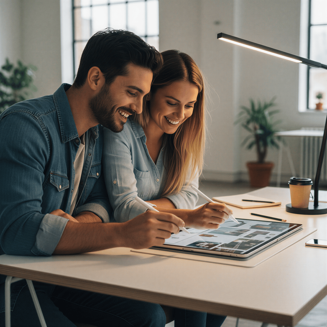 Two people collaborating closely over a tablet, designing or selecting images together, symbolizing shared creative direction.