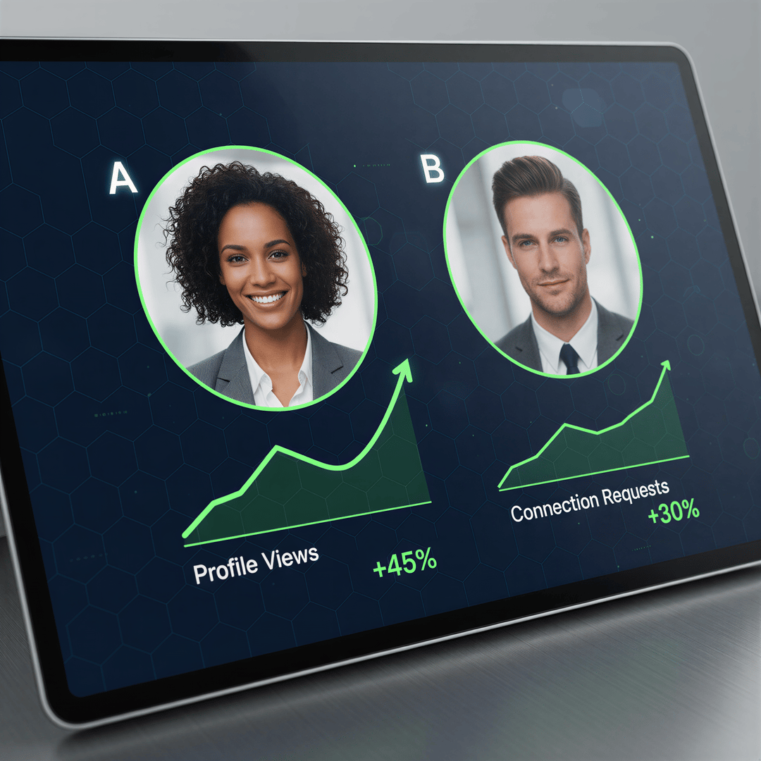 A stylized mock-up of an A/B testing dashboard showing two headshots with corresponding upward-trending green lines indicating higher profile views and message rates.