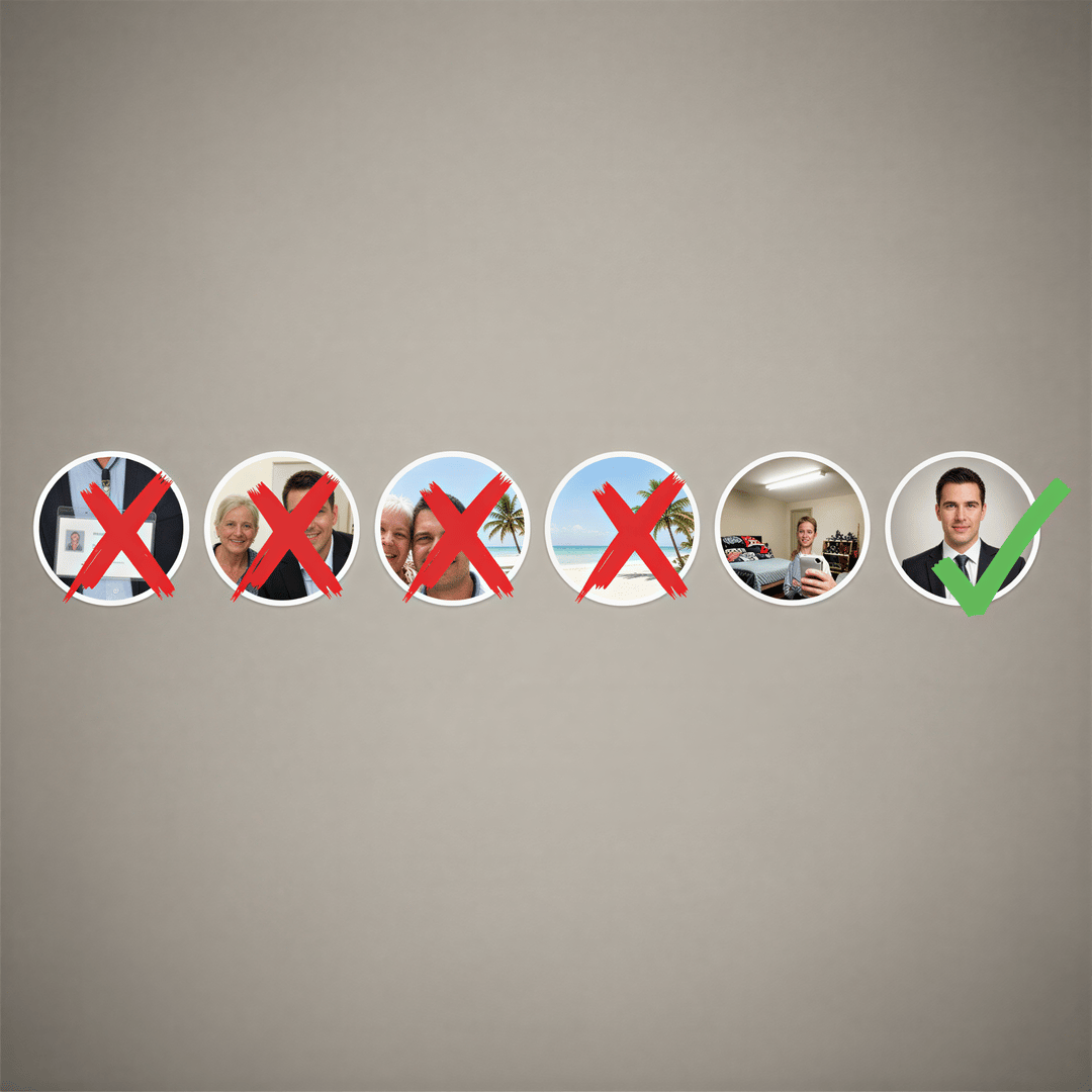 A visual grid comparing common, poor LinkedIn photo mistakes—like a conference badge crop and a blurry vacation photo—against one high-quality professional headshot.